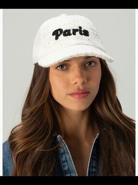 Tilly's White 'Paris' Bouclé Baseball Cap with Black Embroidery NWOT